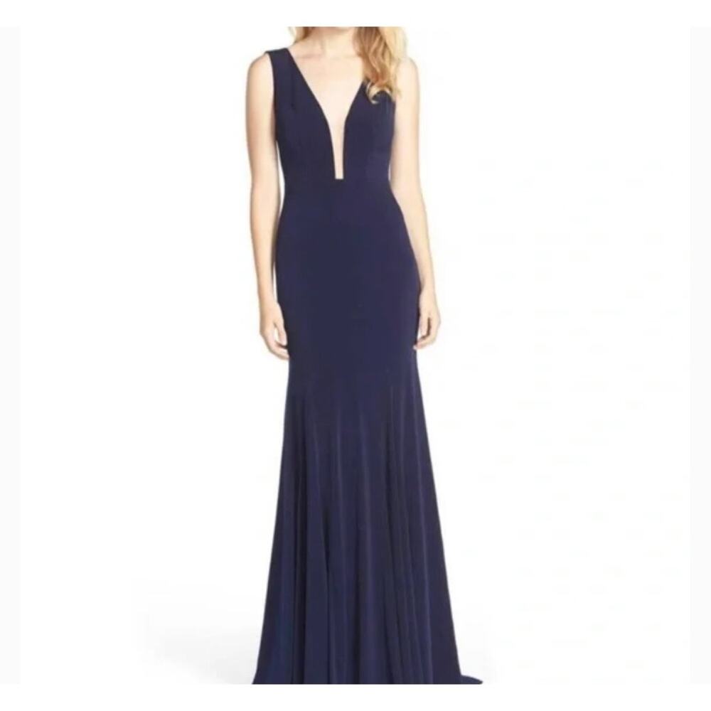 Jovani V Cut Illusion Mermaid Gown Dress navy maxi 2 xs 22884A train